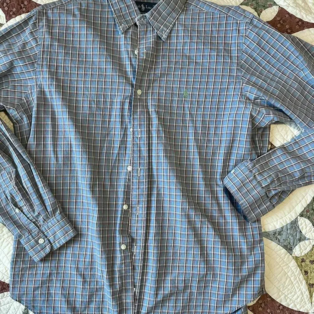 Ralph Lauren light blue plaid 100% cotton button up shirt